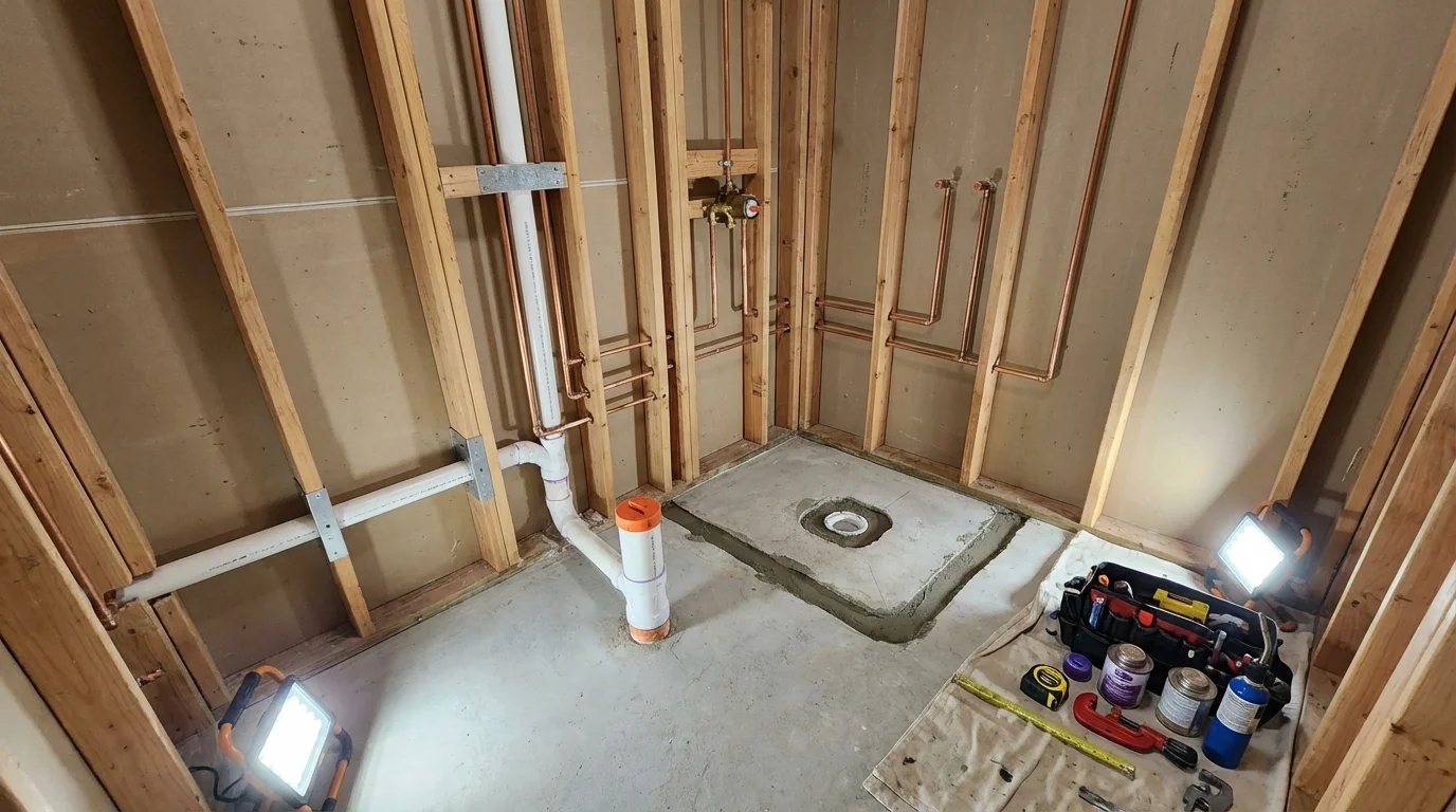 Bathroom rough-in plumbing during remodel by Johns Plumbing LLC in New Brighton