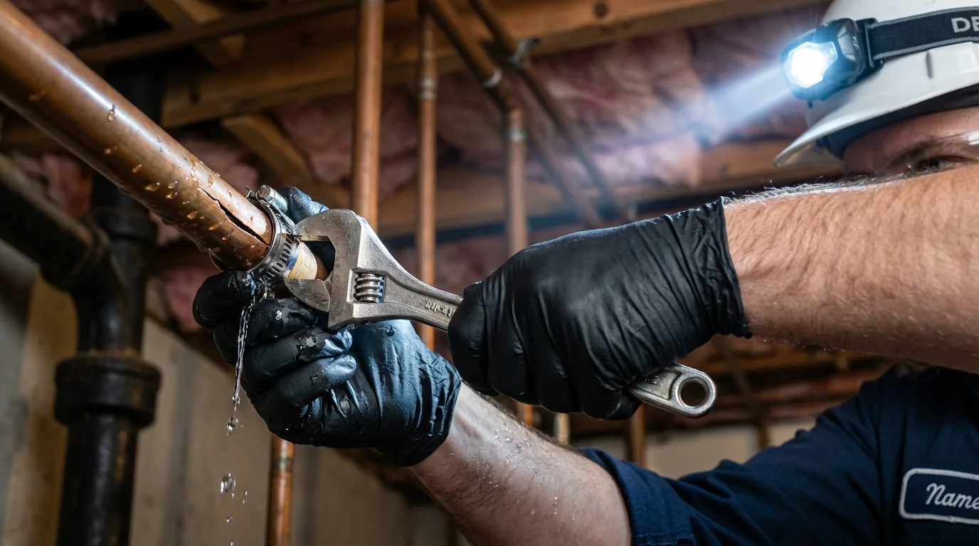 Emergency pipe clamp repair being performed by a Johns Plumbing LLC plumber in New Brighton