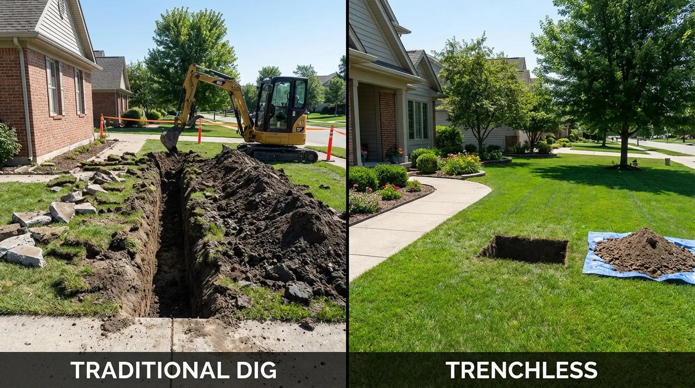 Trenchless sewer repair with minimal yard damage versus traditional excavation in New Brighton, PA