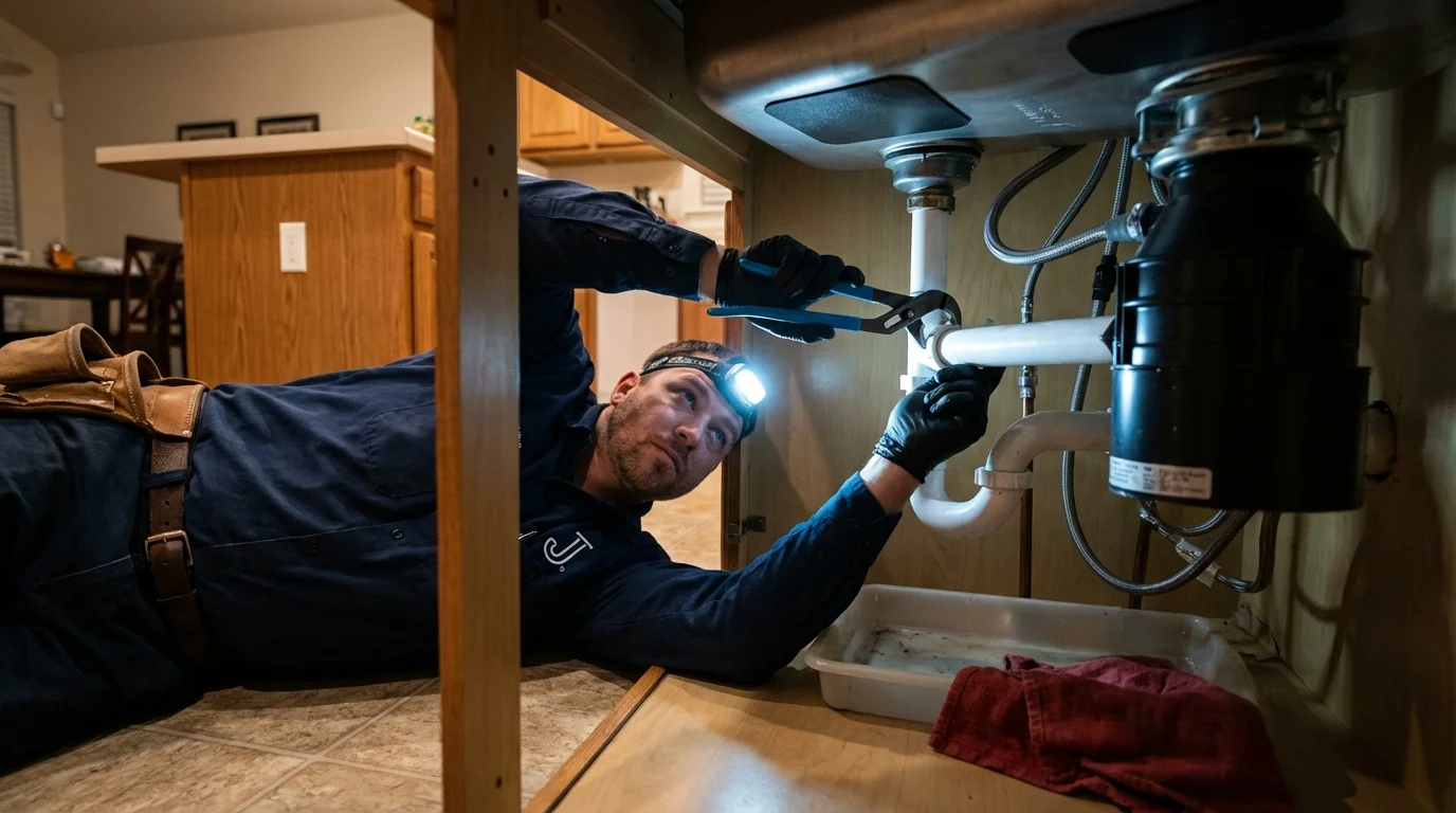 P-trap and supply line connections under a kitchen sink showing a common leak point in New Brighton, PA